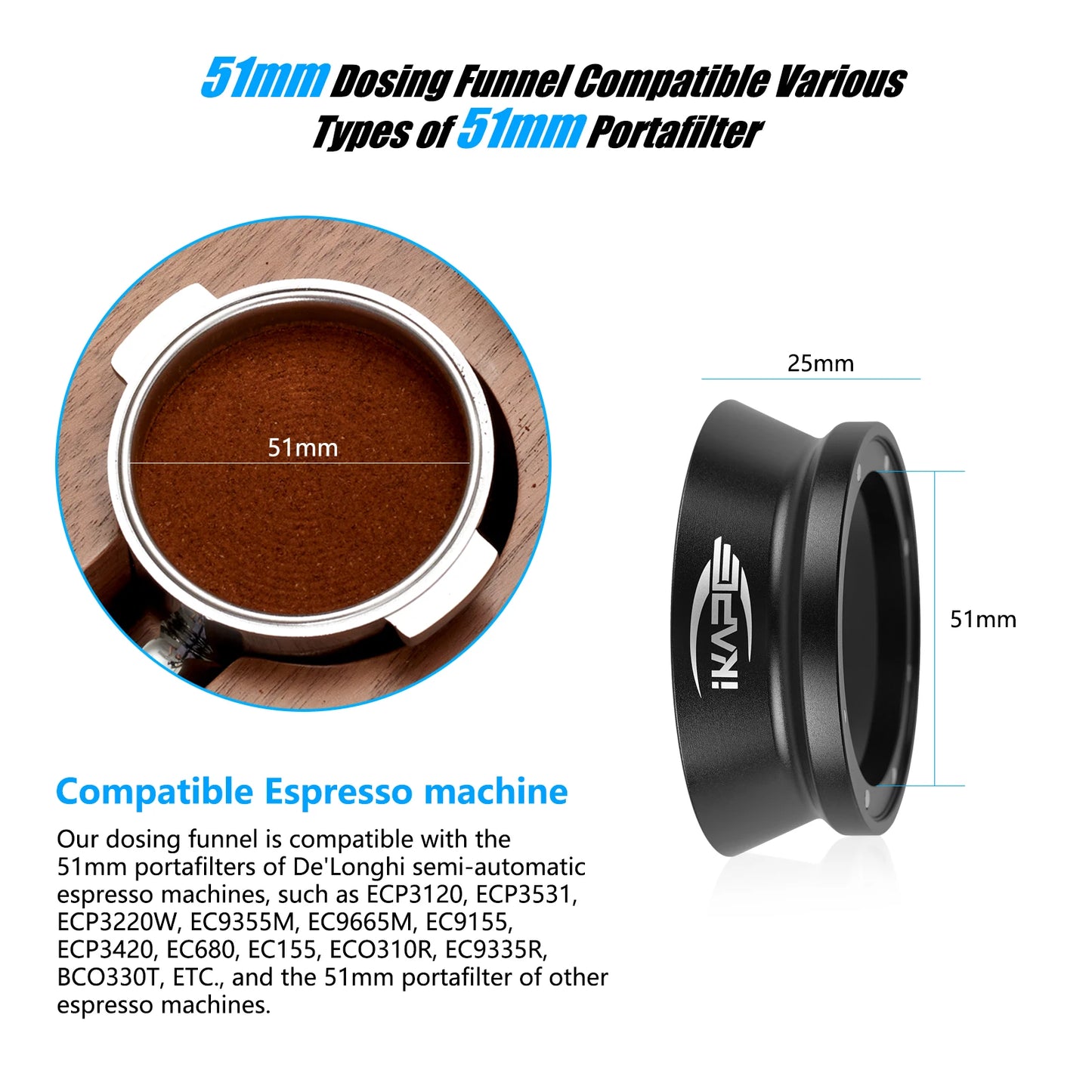 Embudo Dosificador Magnético IKAPE para Café Espresso – Compatible con Portafiltros de 51 mm, 54 mm y 58 mm con Fijación Magnética Potente (Negro/Plateado